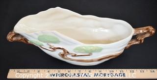 Vintage Roseville Pottery Ming Tree Green Serving Bowl with Handles. Measures 5" x 14".