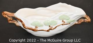 Vintage Roseville Pottery Ming Tree Green Serving Bowl with Handles. Measures 5" x 14".