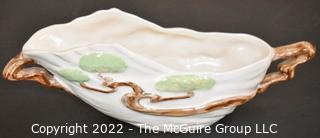 Vintage Roseville Pottery Ming Tree Green Serving Bowl with Handles. Measures 5" x 14".