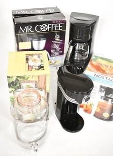 Coffee Maker, Ice Tea Brewer (Missing Carafe) and Glass Drink Dispenser