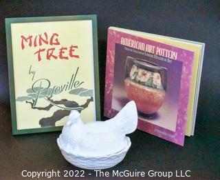 Vintage Milk Glass Hen on Nest, Framed Advertisement for Roseville Ming Tree and Book on American Pottery.