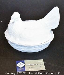 Vintage Milk Glass Hen on Nest, Framed Advertisement for Roseville Ming Tree and Book on American Pottery.