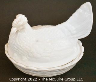 Vintage Milk Glass Hen on Nest, Framed Advertisement for Roseville Ming Tree and Book on American Pottery.