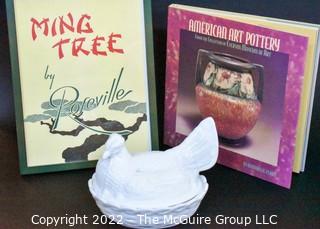 Vintage Milk Glass Hen on Nest, Framed Advertisement for Roseville Ming Tree and Book on American Pottery.