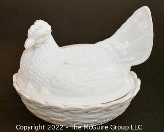 Vintage Milk Glass Hen on Nest, Framed Advertisement for Roseville Ming Tree and Book on American Pottery.