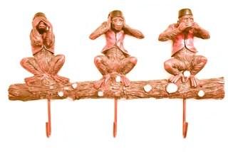 Three Wise Monkeys Painted Cast Iron Wall Hooks.  Measures 11" x 18".