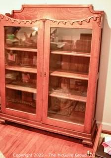 Vintage Oak Two Door Display Bookcase or Library Cabinet.  Measures 14" x 47" x 61". {Description Altered 2-24-22 @ 10:19am ET}