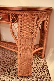 Vintage Wicker Rattan Writing Desk with Drawer.  Some damage to top.  Measures 26" x 30" x 47".