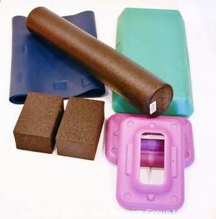 Group of Exercise Equipment Including Foam Roller, Step Platform, Yoga Blocks and Mat. 