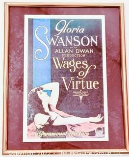 Framed Under Glass Reproduction Lobby Card for "Wages of Virtue" Starring Gloria Swanson. 16 x 20"