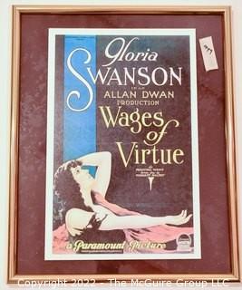 Framed Under Glass Reproduction Lobby Card for "Wages of Virtue" Starring Gloria Swanson. 16 x 20"