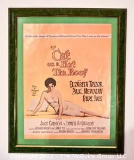 Framed Under Glass Lobby Card of "Cat on a Hot Tin Roof" Staring Elizabeth Taylor, Paul Newman and Burl Ives.  Measures 13" x 16".