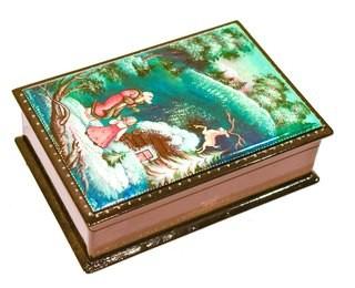 Hand Painted Russian Lacquerware Trinket Box With Hinged Lid.  Measures 2” x 4” x 6”.