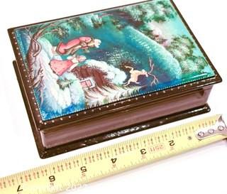 Hand Painted Russian Lacquerware Trinket Box With Hinged Lid.  Measures 2” x 4” x 6”.