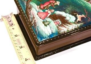 Hand Painted Russian Lacquerware Trinket Box With Hinged Lid.  Measures 2” x 4” x 6”.