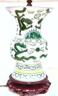 Hand Painted Green Dragon Ceramic Table Lamp with Shade.  Measures 23" tall with shade.