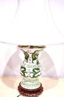 Hand Painted Green Dragon Ceramic Table Lamp with Shade.  Measures 23" tall with shade.