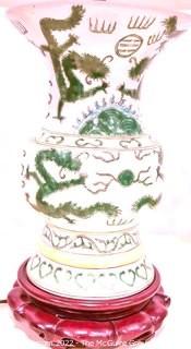 Hand Painted Green Dragon Ceramic Table Lamp with Shade.  Measures 23" tall with shade.