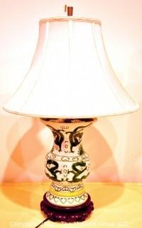 Hand Painted Green Dragon Ceramic Table Lamp with Shade.  Measures 23" tall with shade.