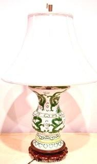 Hand Painted Green Dragon Ceramic Table Lamp with Shade.  Measures 23" tall with shade.