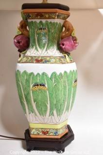 Hand Painted Asian Style Porcelain Table Lamps with Cabbage Leaf Design.  Measures 30" tall with Shade.