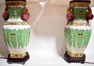 Hand Painted Asian Style Porcelain Table Lamps with Cabbage Leaf Design.  Measures 30" tall with Shade.