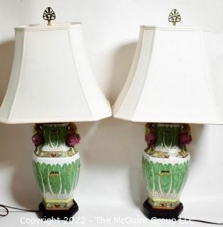 Hand Painted Asian Style Porcelain Table Lamps with Cabbage Leaf Design.  Measures 30" tall with Shade.