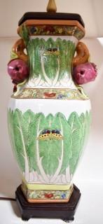 Hand Painted Asian Style Porcelain Table Lamps with Cabbage Leaf Design.  Measures 30" tall with Shade.