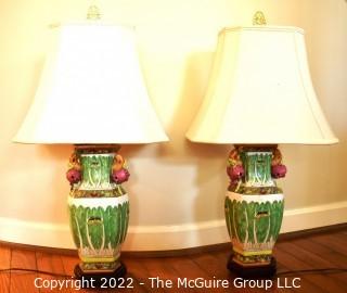 Hand Painted Asian Style Porcelain Table Lamps with Cabbage Leaf Design.  Measures 30" tall with Shade.