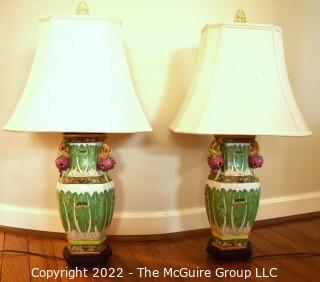 Hand Painted Asian Style Porcelain Table Lamps with Cabbage Leaf Design.  Measures 30" tall with Shade.