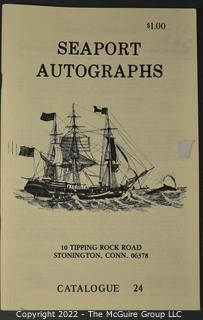 Lot 29.  Seaport Autographs.  49 items. Catalogs 1, 5-22, 24-27, 29-35, 102, 105-117; and 120-124; 1976-1987, 2006-2011.  The first catalog is modestly titled “Autographs Spring-1976” and was issued by “N. F. Boas” from Wilton, Connecticut; the title changed with later catalogs, as did the location from Mystic to Stonington.  Boas is none other than Dr. Norman F. Boas (1923-2016), Fellow of The Manuscript Society.  With a medical degree from Harvard attained by the time he was 22, Boas was in public health service, including a stint with NIH, taught at Yale, and later was in private practice.  After retiring from medicine, he was heavily involved with historical projects in his area and, of course, acquiring and selling manuscripts.  His research and publishing interests included Abraham Lincoln, First Lady Jane Pierce, and the noted anthropologist Franz Boas, his grandfather.       