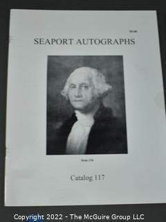 Lot 29.  Seaport Autographs.  49 items. Catalogs 1, 5-22, 24-27, 29-35, 102, 105-117; and 120-124; 1976-1987, 2006-2011.  The first catalog is modestly titled “Autographs Spring-1976” and was issued by “N. F. Boas” from Wilton, Connecticut; the title changed with later catalogs, as did the location from Mystic to Stonington.  Boas is none other than Dr. Norman F. Boas (1923-2016), Fellow of The Manuscript Society.  With a medical degree from Harvard attained by the time he was 22, Boas was in public health service, including a stint with NIH, taught at Yale, and later was in private practice.  After retiring from medicine, he was heavily involved with historical projects in his area and, of course, acquiring and selling manuscripts.  His research and publishing interests included Abraham Lincoln, First Lady Jane Pierce, and the noted anthropologist Franz Boas, his grandfather.       