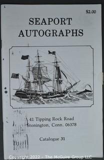 Lot 29.  Seaport Autographs.  49 items. Catalogs 1, 5-22, 24-27, 29-35, 102, 105-117; and 120-124; 1976-1987, 2006-2011.  The first catalog is modestly titled “Autographs Spring-1976” and was issued by “N. F. Boas” from Wilton, Connecticut; the title changed with later catalogs, as did the location from Mystic to Stonington.  Boas is none other than Dr. Norman F. Boas (1923-2016), Fellow of The Manuscript Society.  With a medical degree from Harvard attained by the time he was 22, Boas was in public health service, including a stint with NIH, taught at Yale, and later was in private practice.  After retiring from medicine, he was heavily involved with historical projects in his area and, of course, acquiring and selling manuscripts.  His research and publishing interests included Abraham Lincoln, First Lady Jane Pierce, and the noted anthropologist Franz Boas, his grandfather.       