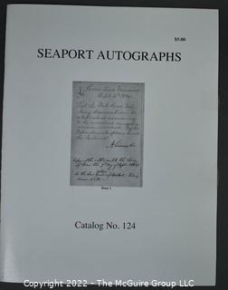 Lot 29.  Seaport Autographs.  49 items. Catalogs 1, 5-22, 24-27, 29-35, 102, 105-117; and 120-124; 1976-1987, 2006-2011.  The first catalog is modestly titled “Autographs Spring-1976” and was issued by “N. F. Boas” from Wilton, Connecticut; the title changed with later catalogs, as did the location from Mystic to Stonington.  Boas is none other than Dr. Norman F. Boas (1923-2016), Fellow of The Manuscript Society.  With a medical degree from Harvard attained by the time he was 22, Boas was in public health service, including a stint with NIH, taught at Yale, and later was in private practice.  After retiring from medicine, he was heavily involved with historical projects in his area and, of course, acquiring and selling manuscripts.  His research and publishing interests included Abraham Lincoln, First Lady Jane Pierce, and the noted anthropologist Franz Boas, his grandfather.       