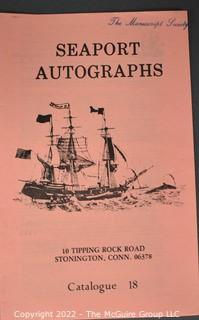 Lot 29.  Seaport Autographs.  49 items. Catalogs 1, 5-22, 24-27, 29-35, 102, 105-117; and 120-124; 1976-1987, 2006-2011.  The first catalog is modestly titled “Autographs Spring-1976” and was issued by “N. F. Boas” from Wilton, Connecticut; the title changed with later catalogs, as did the location from Mystic to Stonington.  Boas is none other than Dr. Norman F. Boas (1923-2016), Fellow of The Manuscript Society.  With a medical degree from Harvard attained by the time he was 22, Boas was in public health service, including a stint with NIH, taught at Yale, and later was in private practice.  After retiring from medicine, he was heavily involved with historical projects in his area and, of course, acquiring and selling manuscripts.  His research and publishing interests included Abraham Lincoln, First Lady Jane Pierce, and the noted anthropologist Franz Boas, his grandfather.       