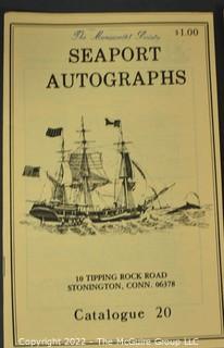 Lot 29.  Seaport Autographs.  49 items. Catalogs 1, 5-22, 24-27, 29-35, 102, 105-117; and 120-124; 1976-1987, 2006-2011.  The first catalog is modestly titled “Autographs Spring-1976” and was issued by “N. F. Boas” from Wilton, Connecticut; the title changed with later catalogs, as did the location from Mystic to Stonington.  Boas is none other than Dr. Norman F. Boas (1923-2016), Fellow of The Manuscript Society.  With a medical degree from Harvard attained by the time he was 22, Boas was in public health service, including a stint with NIH, taught at Yale, and later was in private practice.  After retiring from medicine, he was heavily involved with historical projects in his area and, of course, acquiring and selling manuscripts.  His research and publishing interests included Abraham Lincoln, First Lady Jane Pierce, and the noted anthropologist Franz Boas, his grandfather.       