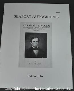 Lot 29.  Seaport Autographs.  49 items. Catalogs 1, 5-22, 24-27, 29-35, 102, 105-117; and 120-124; 1976-1987, 2006-2011.  The first catalog is modestly titled “Autographs Spring-1976” and was issued by “N. F. Boas” from Wilton, Connecticut; the title changed with later catalogs, as did the location from Mystic to Stonington.  Boas is none other than Dr. Norman F. Boas (1923-2016), Fellow of The Manuscript Society.  With a medical degree from Harvard attained by the time he was 22, Boas was in public health service, including a stint with NIH, taught at Yale, and later was in private practice.  After retiring from medicine, he was heavily involved with historical projects in his area and, of course, acquiring and selling manuscripts.  His research and publishing interests included Abraham Lincoln, First Lady Jane Pierce, and the noted anthropologist Franz Boas, his grandfather.       