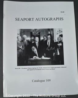 Lot 29.  Seaport Autographs.  49 items. Catalogs 1, 5-22, 24-27, 29-35, 102, 105-117; and 120-124; 1976-1987, 2006-2011.  The first catalog is modestly titled “Autographs Spring-1976” and was issued by “N. F. Boas” from Wilton, Connecticut; the title changed with later catalogs, as did the location from Mystic to Stonington.  Boas is none other than Dr. Norman F. Boas (1923-2016), Fellow of The Manuscript Society.  With a medical degree from Harvard attained by the time he was 22, Boas was in public health service, including a stint with NIH, taught at Yale, and later was in private practice.  After retiring from medicine, he was heavily involved with historical projects in his area and, of course, acquiring and selling manuscripts.  His research and publishing interests included Abraham Lincoln, First Lady Jane Pierce, and the noted anthropologist Franz Boas, his grandfather.       