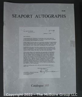 Lot 29.  Seaport Autographs.  49 items. Catalogs 1, 5-22, 24-27, 29-35, 102, 105-117; and 120-124; 1976-1987, 2006-2011.  The first catalog is modestly titled “Autographs Spring-1976” and was issued by “N. F. Boas” from Wilton, Connecticut; the title changed with later catalogs, as did the location from Mystic to Stonington.  Boas is none other than Dr. Norman F. Boas (1923-2016), Fellow of The Manuscript Society.  With a medical degree from Harvard attained by the time he was 22, Boas was in public health service, including a stint with NIH, taught at Yale, and later was in private practice.  After retiring from medicine, he was heavily involved with historical projects in his area and, of course, acquiring and selling manuscripts.  His research and publishing interests included Abraham Lincoln, First Lady Jane Pierce, and the noted anthropologist Franz Boas, his grandfather.       