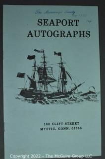 Lot 29.  Seaport Autographs.  49 items. Catalogs 1, 5-22, 24-27, 29-35, 102, 105-117; and 120-124; 1976-1987, 2006-2011.  The first catalog is modestly titled “Autographs Spring-1976” and was issued by “N. F. Boas” from Wilton, Connecticut; the title changed with later catalogs, as did the location from Mystic to Stonington.  Boas is none other than Dr. Norman F. Boas (1923-2016), Fellow of The Manuscript Society.  With a medical degree from Harvard attained by the time he was 22, Boas was in public health service, including a stint with NIH, taught at Yale, and later was in private practice.  After retiring from medicine, he was heavily involved with historical projects in his area and, of course, acquiring and selling manuscripts.  His research and publishing interests included Abraham Lincoln, First Lady Jane Pierce, and the noted anthropologist Franz Boas, his grandfather.       