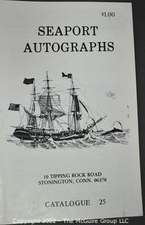 Lot 29.  Seaport Autographs.  49 items. Catalogs 1, 5-22, 24-27, 29-35, 102, 105-117; and 120-124; 1976-1987, 2006-2011.  The first catalog is modestly titled “Autographs Spring-1976” and was issued by “N. F. Boas” from Wilton, Connecticut; the title changed with later catalogs, as did the location from Mystic to Stonington.  Boas is none other than Dr. Norman F. Boas (1923-2016), Fellow of The Manuscript Society.  With a medical degree from Harvard attained by the time he was 22, Boas was in public health service, including a stint with NIH, taught at Yale, and later was in private practice.  After retiring from medicine, he was heavily involved with historical projects in his area and, of course, acquiring and selling manuscripts.  His research and publishing interests included Abraham Lincoln, First Lady Jane Pierce, and the noted anthropologist Franz Boas, his grandfather.       