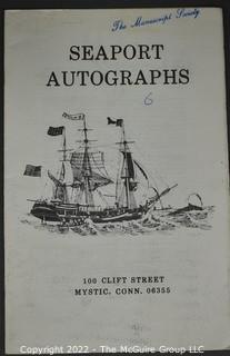 Lot 29.  Seaport Autographs.  49 items. Catalogs 1, 5-22, 24-27, 29-35, 102, 105-117; and 120-124; 1976-1987, 2006-2011.  The first catalog is modestly titled “Autographs Spring-1976” and was issued by “N. F. Boas” from Wilton, Connecticut; the title changed with later catalogs, as did the location from Mystic to Stonington.  Boas is none other than Dr. Norman F. Boas (1923-2016), Fellow of The Manuscript Society.  With a medical degree from Harvard attained by the time he was 22, Boas was in public health service, including a stint with NIH, taught at Yale, and later was in private practice.  After retiring from medicine, he was heavily involved with historical projects in his area and, of course, acquiring and selling manuscripts.  His research and publishing interests included Abraham Lincoln, First Lady Jane Pierce, and the noted anthropologist Franz Boas, his grandfather.       