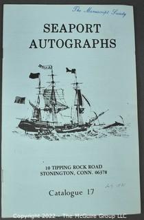 Lot 29.  Seaport Autographs.  49 items. Catalogs 1, 5-22, 24-27, 29-35, 102, 105-117; and 120-124; 1976-1987, 2006-2011.  The first catalog is modestly titled “Autographs Spring-1976” and was issued by “N. F. Boas” from Wilton, Connecticut; the title changed with later catalogs, as did the location from Mystic to Stonington.  Boas is none other than Dr. Norman F. Boas (1923-2016), Fellow of The Manuscript Society.  With a medical degree from Harvard attained by the time he was 22, Boas was in public health service, including a stint with NIH, taught at Yale, and later was in private practice.  After retiring from medicine, he was heavily involved with historical projects in his area and, of course, acquiring and selling manuscripts.  His research and publishing interests included Abraham Lincoln, First Lady Jane Pierce, and the noted anthropologist Franz Boas, his grandfather.       