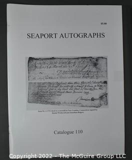 Lot 29.  Seaport Autographs.  49 items. Catalogs 1, 5-22, 24-27, 29-35, 102, 105-117; and 120-124; 1976-1987, 2006-2011.  The first catalog is modestly titled “Autographs Spring-1976” and was issued by “N. F. Boas” from Wilton, Connecticut; the title changed with later catalogs, as did the location from Mystic to Stonington.  Boas is none other than Dr. Norman F. Boas (1923-2016), Fellow of The Manuscript Society.  With a medical degree from Harvard attained by the time he was 22, Boas was in public health service, including a stint with NIH, taught at Yale, and later was in private practice.  After retiring from medicine, he was heavily involved with historical projects in his area and, of course, acquiring and selling manuscripts.  His research and publishing interests included Abraham Lincoln, First Lady Jane Pierce, and the noted anthropologist Franz Boas, his grandfather.       