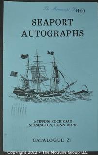 Lot 29.  Seaport Autographs.  49 items. Catalogs 1, 5-22, 24-27, 29-35, 102, 105-117; and 120-124; 1976-1987, 2006-2011.  The first catalog is modestly titled “Autographs Spring-1976” and was issued by “N. F. Boas” from Wilton, Connecticut; the title changed with later catalogs, as did the location from Mystic to Stonington.  Boas is none other than Dr. Norman F. Boas (1923-2016), Fellow of The Manuscript Society.  With a medical degree from Harvard attained by the time he was 22, Boas was in public health service, including a stint with NIH, taught at Yale, and later was in private practice.  After retiring from medicine, he was heavily involved with historical projects in his area and, of course, acquiring and selling manuscripts.  His research and publishing interests included Abraham Lincoln, First Lady Jane Pierce, and the noted anthropologist Franz Boas, his grandfather.       