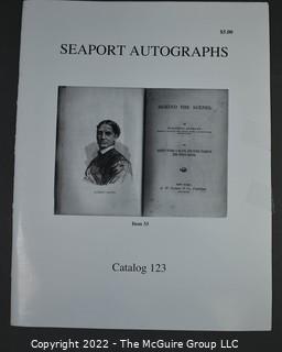 Lot 29.  Seaport Autographs.  49 items. Catalogs 1, 5-22, 24-27, 29-35, 102, 105-117; and 120-124; 1976-1987, 2006-2011.  The first catalog is modestly titled “Autographs Spring-1976” and was issued by “N. F. Boas” from Wilton, Connecticut; the title changed with later catalogs, as did the location from Mystic to Stonington.  Boas is none other than Dr. Norman F. Boas (1923-2016), Fellow of The Manuscript Society.  With a medical degree from Harvard attained by the time he was 22, Boas was in public health service, including a stint with NIH, taught at Yale, and later was in private practice.  After retiring from medicine, he was heavily involved with historical projects in his area and, of course, acquiring and selling manuscripts.  His research and publishing interests included Abraham Lincoln, First Lady Jane Pierce, and the noted anthropologist Franz Boas, his grandfather.       