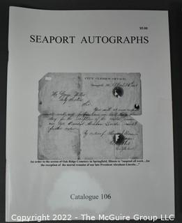 Lot 29.  Seaport Autographs.  49 items. Catalogs 1, 5-22, 24-27, 29-35, 102, 105-117; and 120-124; 1976-1987, 2006-2011.  The first catalog is modestly titled “Autographs Spring-1976” and was issued by “N. F. Boas” from Wilton, Connecticut; the title changed with later catalogs, as did the location from Mystic to Stonington.  Boas is none other than Dr. Norman F. Boas (1923-2016), Fellow of The Manuscript Society.  With a medical degree from Harvard attained by the time he was 22, Boas was in public health service, including a stint with NIH, taught at Yale, and later was in private practice.  After retiring from medicine, he was heavily involved with historical projects in his area and, of course, acquiring and selling manuscripts.  His research and publishing interests included Abraham Lincoln, First Lady Jane Pierce, and the noted anthropologist Franz Boas, his grandfather.       