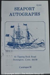 Lot 29.  Seaport Autographs.  49 items. Catalogs 1, 5-22, 24-27, 29-35, 102, 105-117; and 120-124; 1976-1987, 2006-2011.  The first catalog is modestly titled “Autographs Spring-1976” and was issued by “N. F. Boas” from Wilton, Connecticut; the title changed with later catalogs, as did the location from Mystic to Stonington.  Boas is none other than Dr. Norman F. Boas (1923-2016), Fellow of The Manuscript Society.  With a medical degree from Harvard attained by the time he was 22, Boas was in public health service, including a stint with NIH, taught at Yale, and later was in private practice.  After retiring from medicine, he was heavily involved with historical projects in his area and, of course, acquiring and selling manuscripts.  His research and publishing interests included Abraham Lincoln, First Lady Jane Pierce, and the noted anthropologist Franz Boas, his grandfather.       