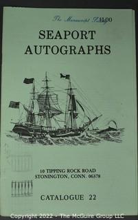 Lot 29.  Seaport Autographs.  49 items. Catalogs 1, 5-22, 24-27, 29-35, 102, 105-117; and 120-124; 1976-1987, 2006-2011.  The first catalog is modestly titled “Autographs Spring-1976” and was issued by “N. F. Boas” from Wilton, Connecticut; the title changed with later catalogs, as did the location from Mystic to Stonington.  Boas is none other than Dr. Norman F. Boas (1923-2016), Fellow of The Manuscript Society.  With a medical degree from Harvard attained by the time he was 22, Boas was in public health service, including a stint with NIH, taught at Yale, and later was in private practice.  After retiring from medicine, he was heavily involved with historical projects in his area and, of course, acquiring and selling manuscripts.  His research and publishing interests included Abraham Lincoln, First Lady Jane Pierce, and the noted anthropologist Franz Boas, his grandfather.       