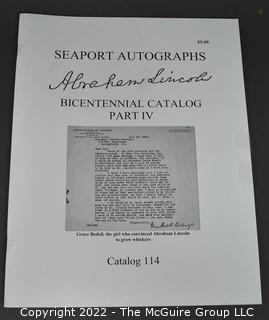 Lot 29.  Seaport Autographs.  49 items. Catalogs 1, 5-22, 24-27, 29-35, 102, 105-117; and 120-124; 1976-1987, 2006-2011.  The first catalog is modestly titled “Autographs Spring-1976” and was issued by “N. F. Boas” from Wilton, Connecticut; the title changed with later catalogs, as did the location from Mystic to Stonington.  Boas is none other than Dr. Norman F. Boas (1923-2016), Fellow of The Manuscript Society.  With a medical degree from Harvard attained by the time he was 22, Boas was in public health service, including a stint with NIH, taught at Yale, and later was in private practice.  After retiring from medicine, he was heavily involved with historical projects in his area and, of course, acquiring and selling manuscripts.  His research and publishing interests included Abraham Lincoln, First Lady Jane Pierce, and the noted anthropologist Franz Boas, his grandfather.       